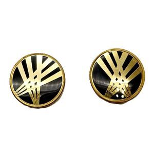 Vintage Black and Gold Button Costume Earrings Art Deco Revival 80s